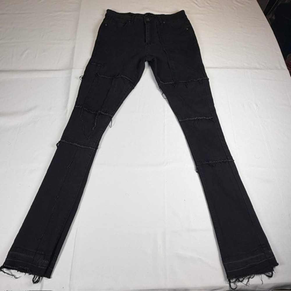 Waimea Boys Stacked Fit Jeans Washed Black Raw Edge Frayed Panel Denim Size 20